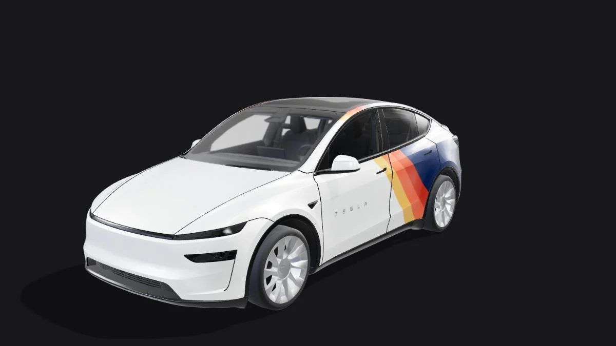 Model Y with a colorful vintage stripe digital wrap